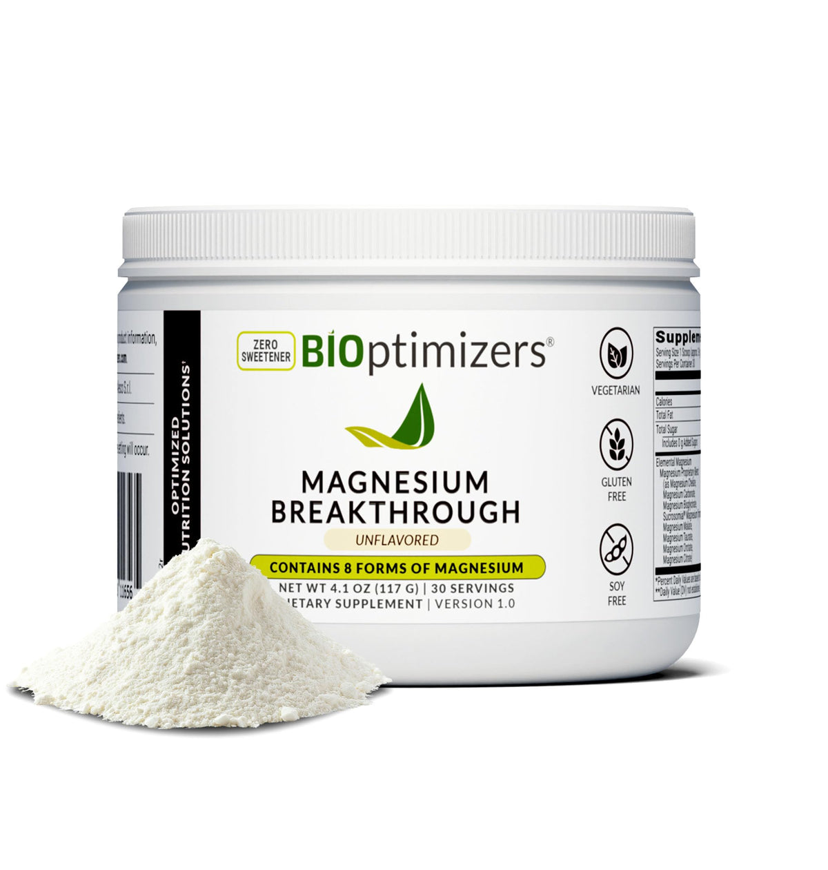 BIOptimizers Magnesium Breakthrough Drink bottle on white surface showing eight forms for daily wellness