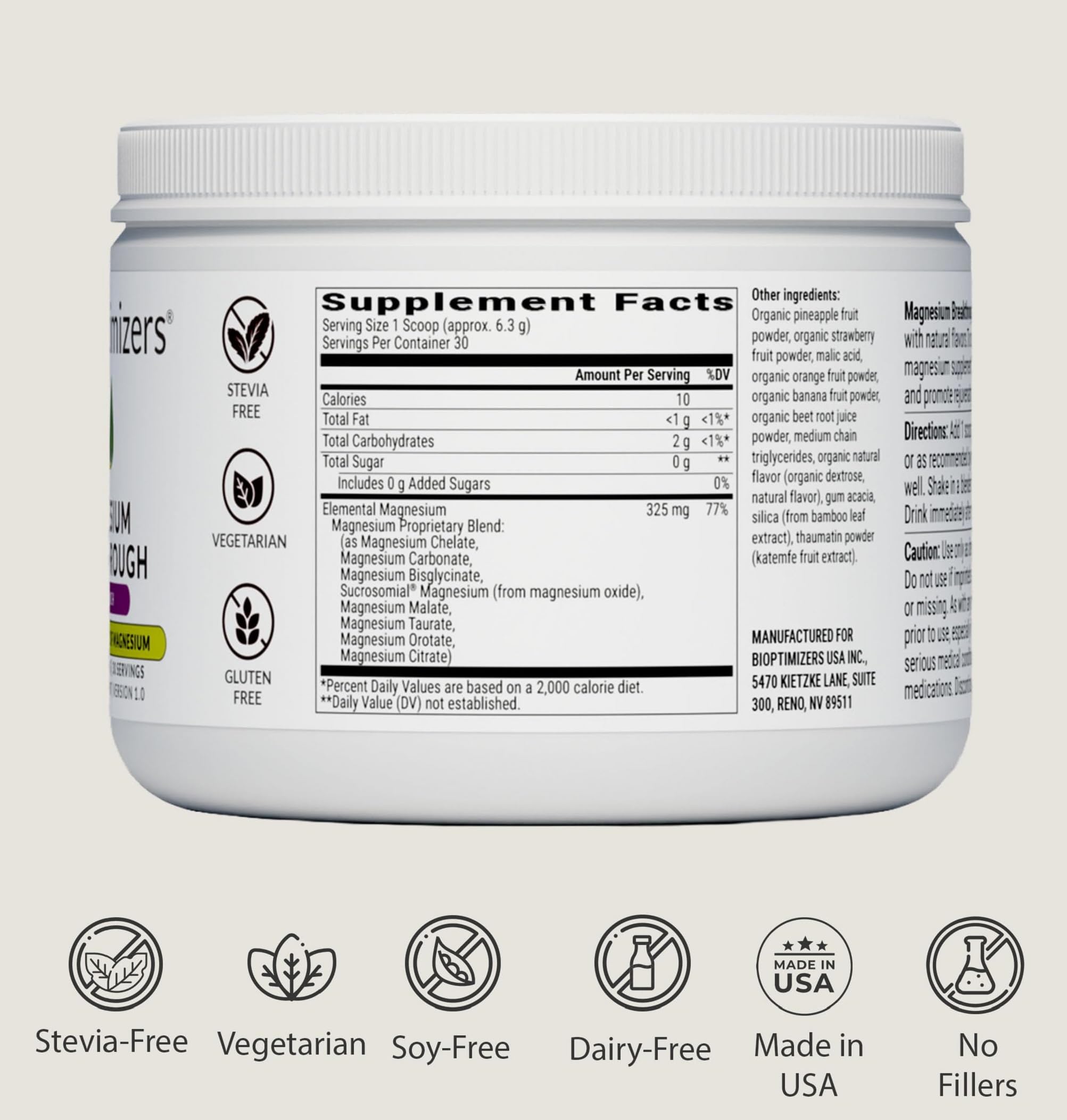 BIOptimizers Magnesium Breakthrough Drink ingredient panel highlighting 8 magnesium forms