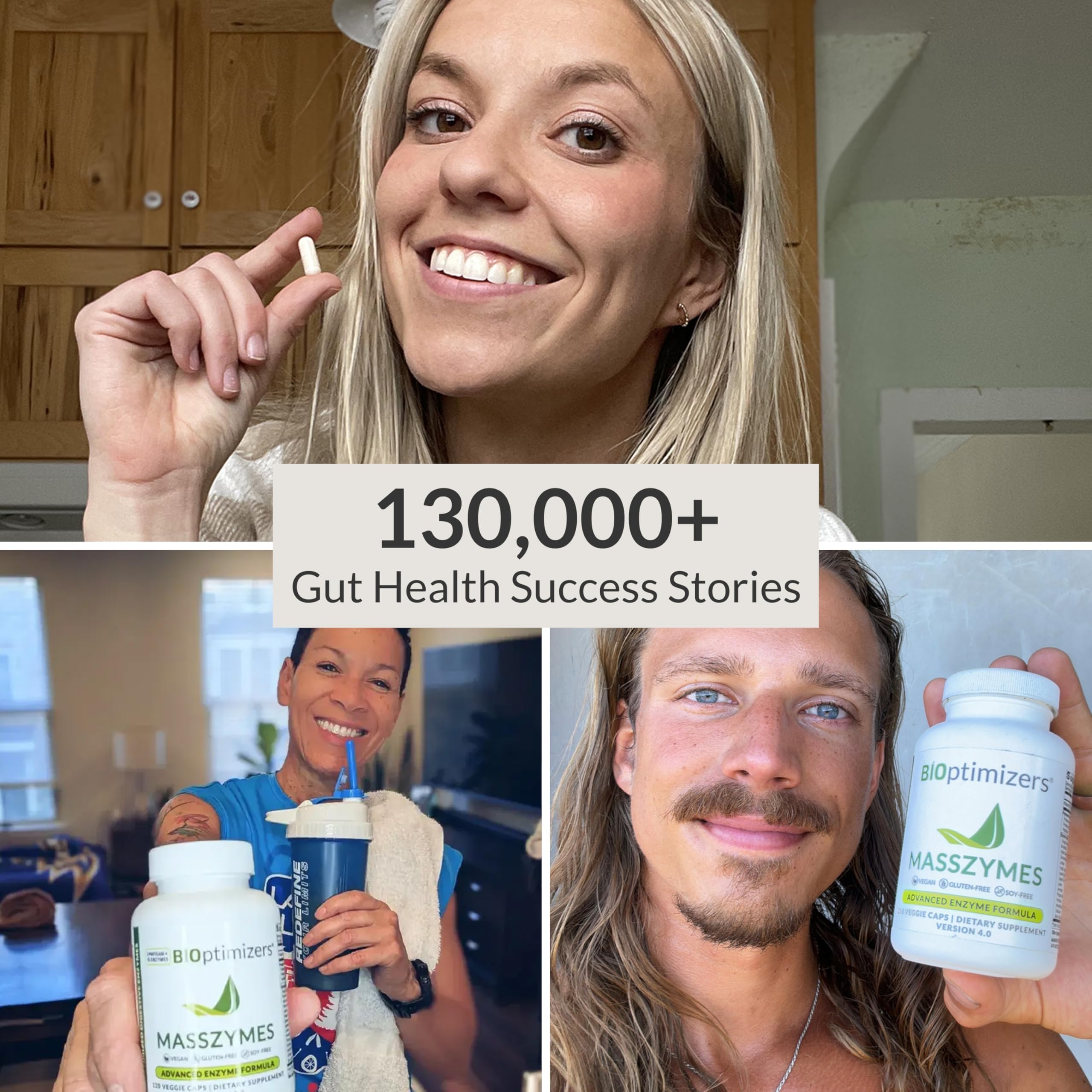 BiOptimizers MassZymes shown with athletic gear suggesting post-workout digestion support.