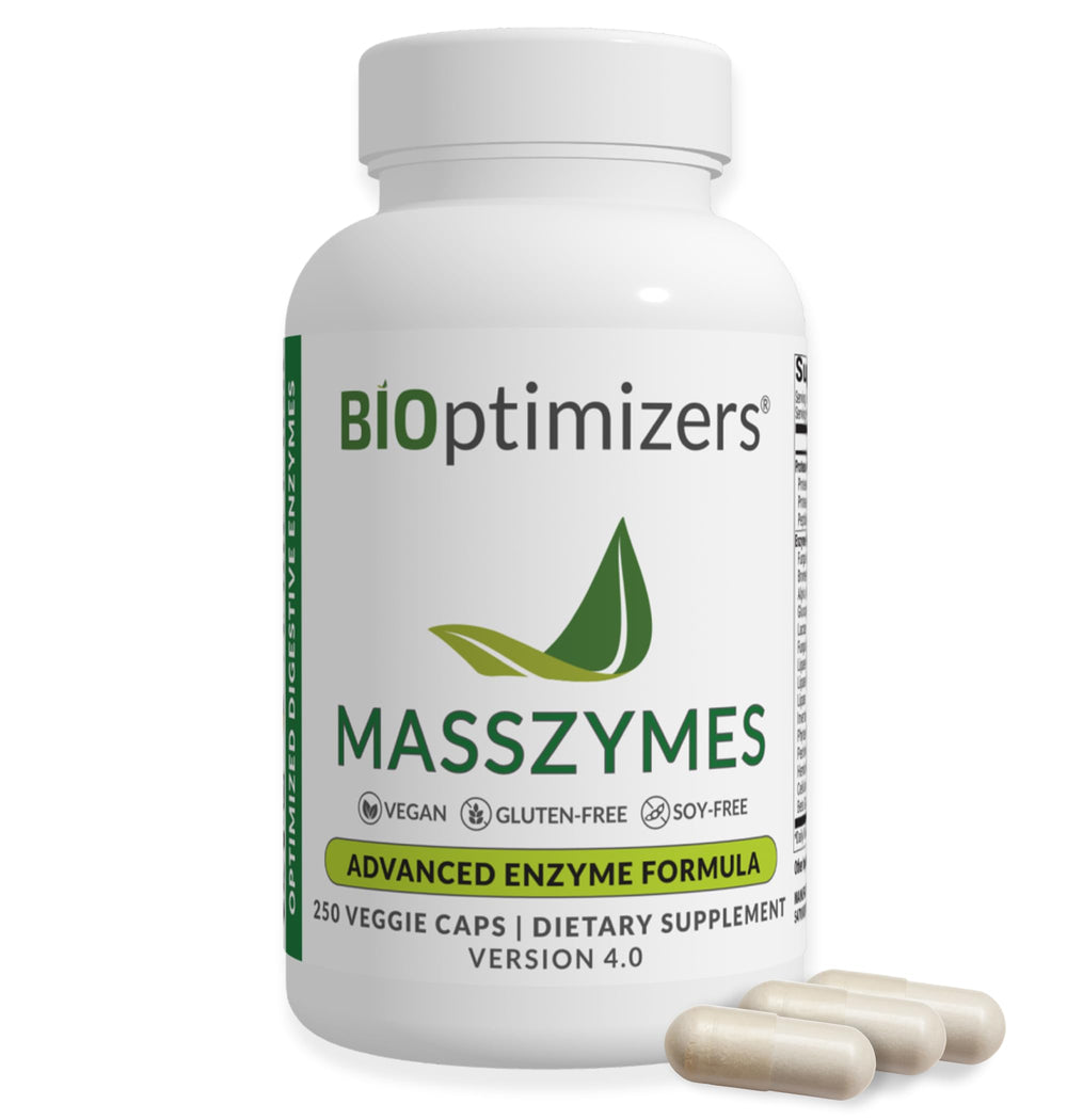 BiOptimizers MassZymes bottle and label for digestive support and gut health.