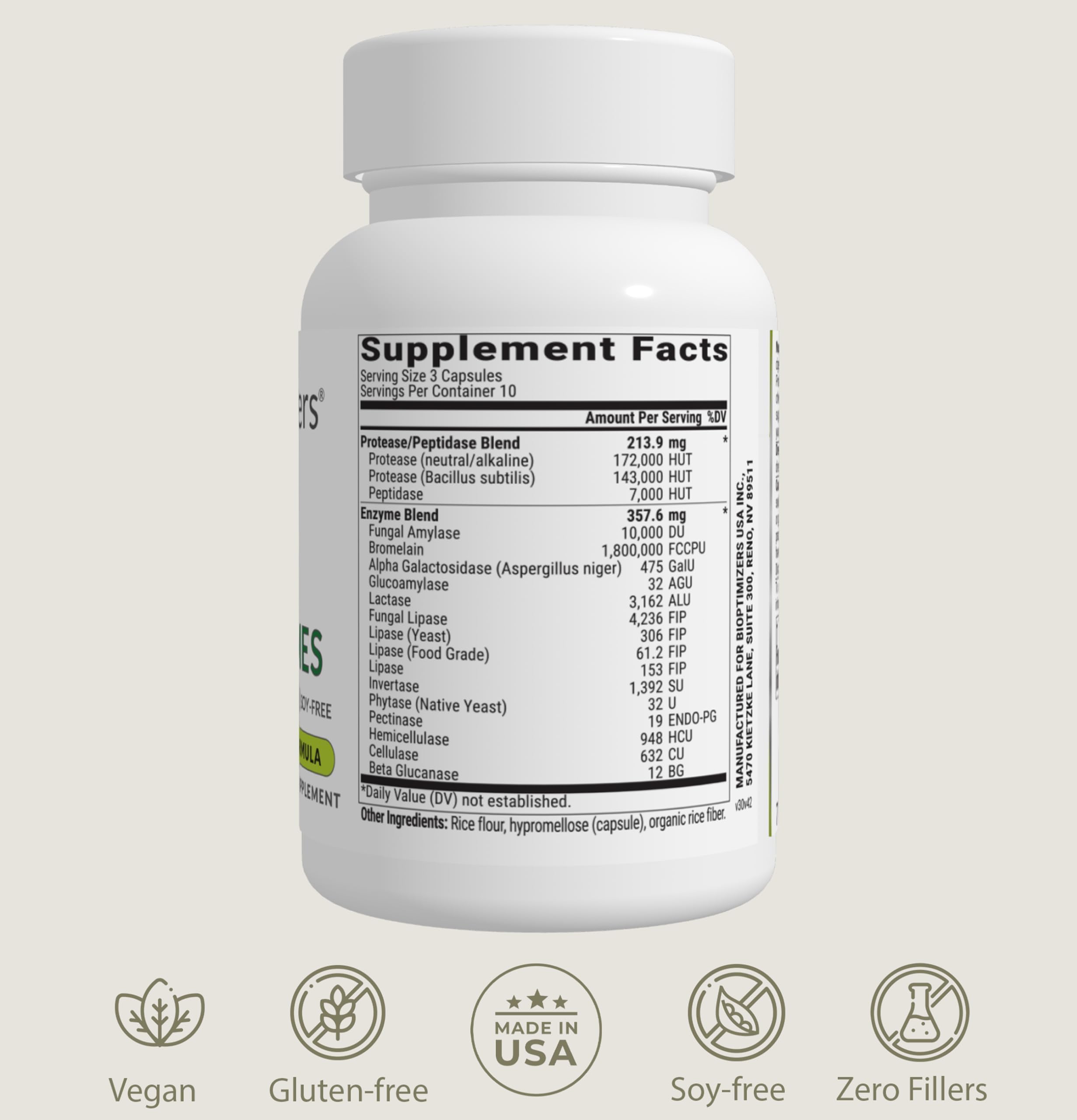 BiOptimizers MassZymes vegan-friendly formula label highlighting no dairy or fillers.