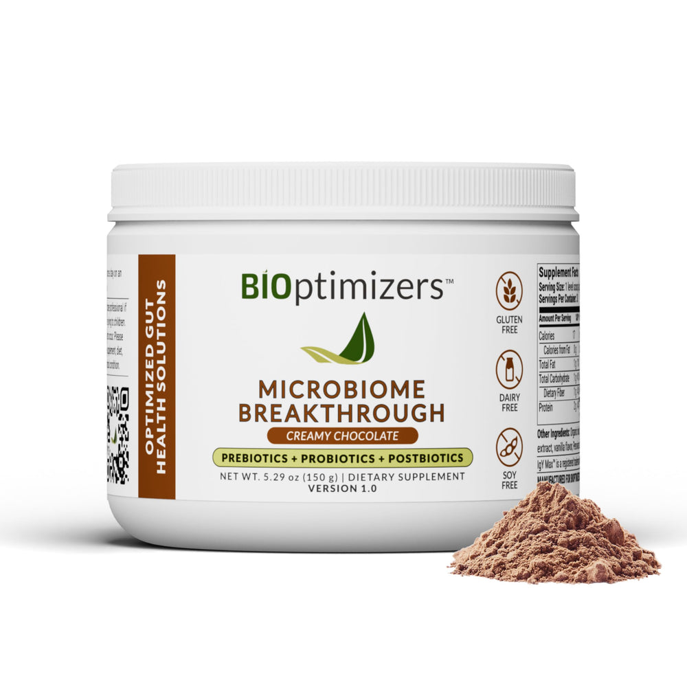 BIOptimizers Microbiome Breakthrough chocolate powder for digestive comfort