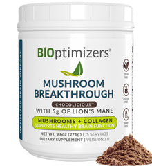 BIOptimizers Mushroom Coffee Alternative chocolate tub front highlights focused energy