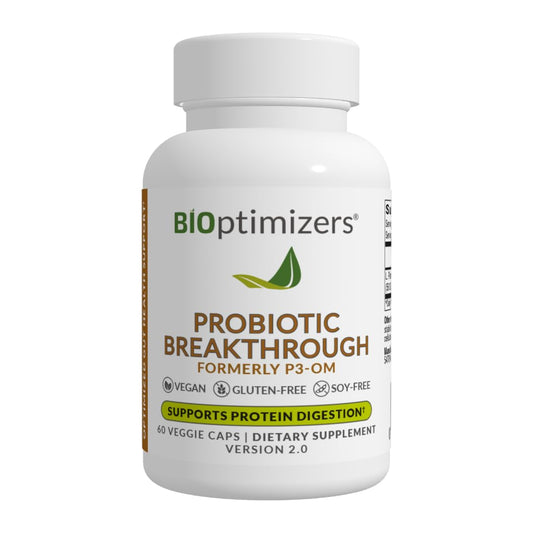 BIOptimizers Probiotic Breakthrough bottle front view highlighting gut health support and daily use.