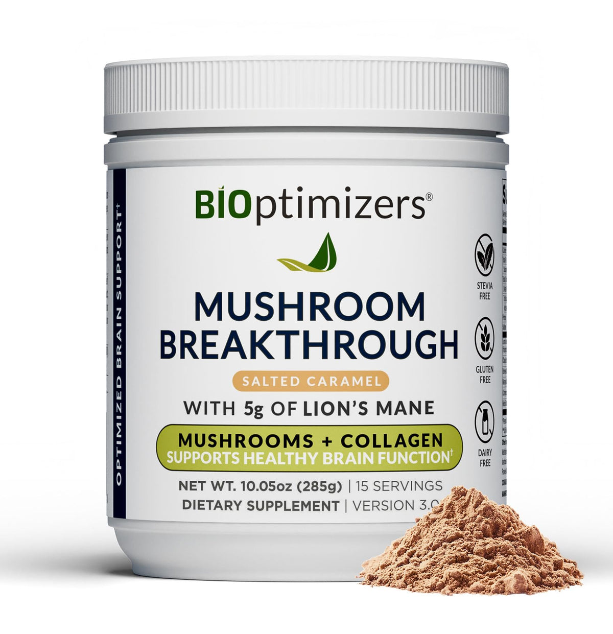 BIOptimizers salted caramel mushroom coffee alternative bottle highlights calm focus potential.