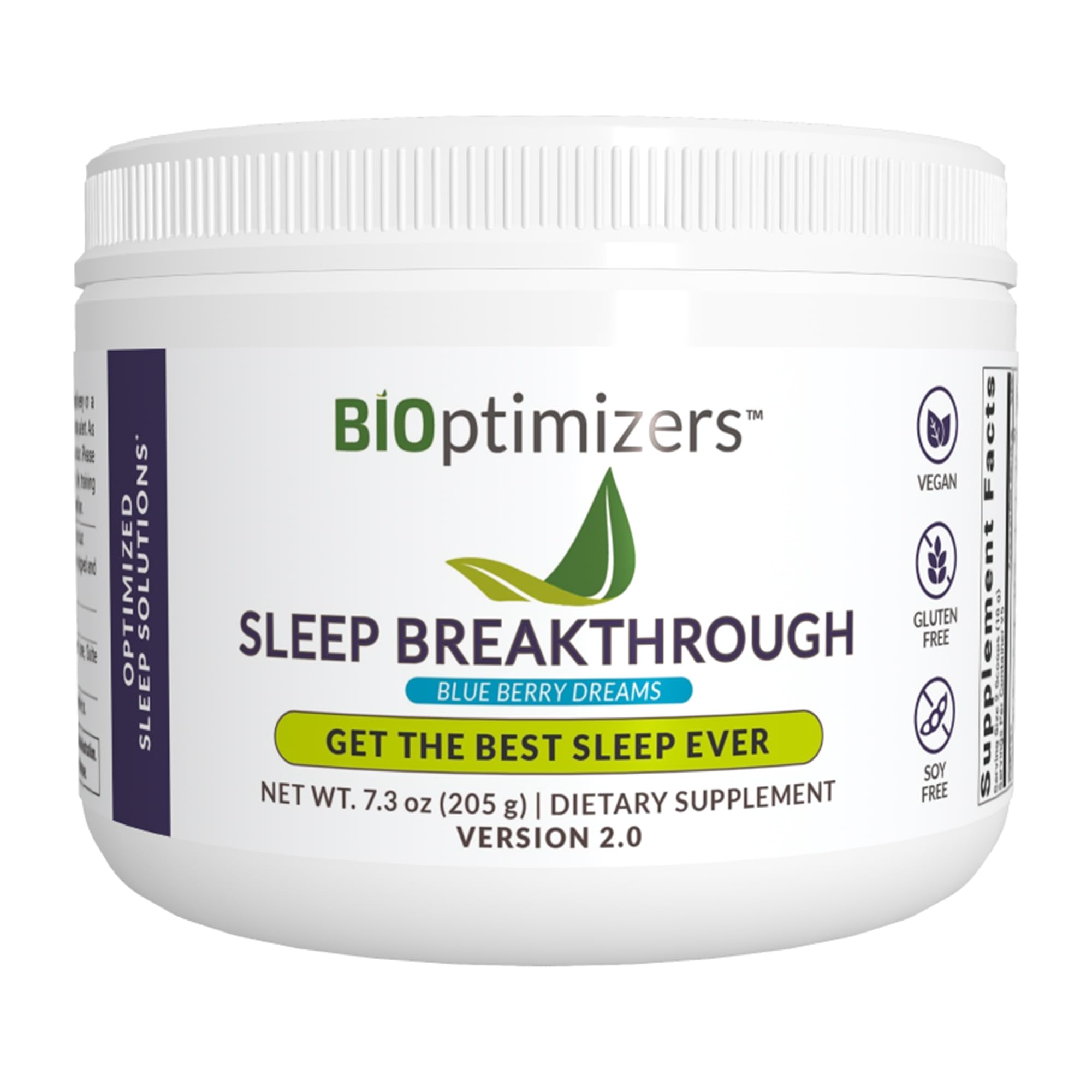 BIOptimizers Sleep Breakthrough 2.0 blue berry dreams tub label promotes natural sleep support.
