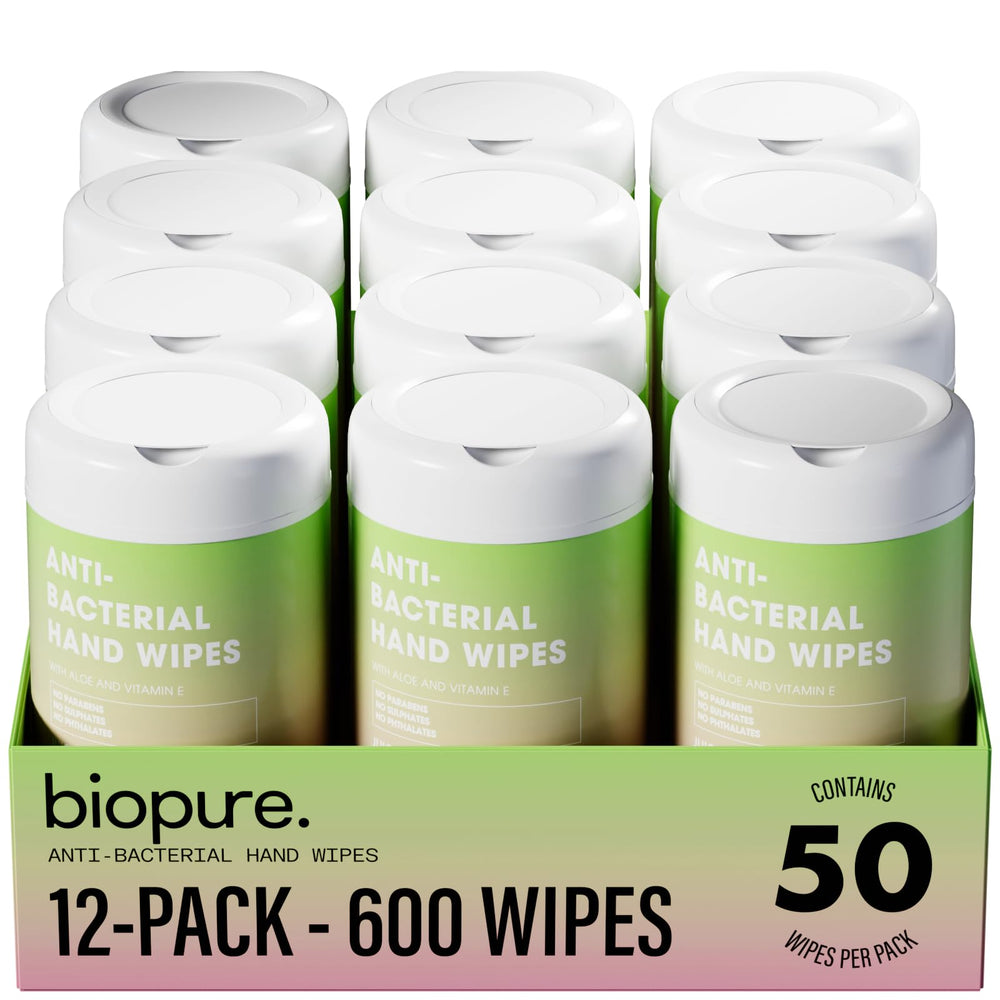 BIOPURE 50ct antibacterial hand wipe canister for on-the-go cleanliness.