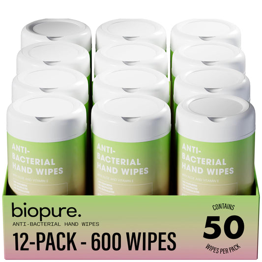 BIOPURE 50ct antibacterial hand wipe canister for on-the-go cleanliness.