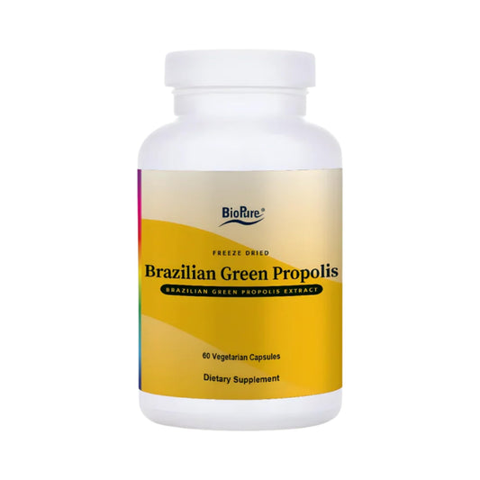 BioPure Brazilian Green Propolis extract bottle shown, potential immune support and respiratory benefits.