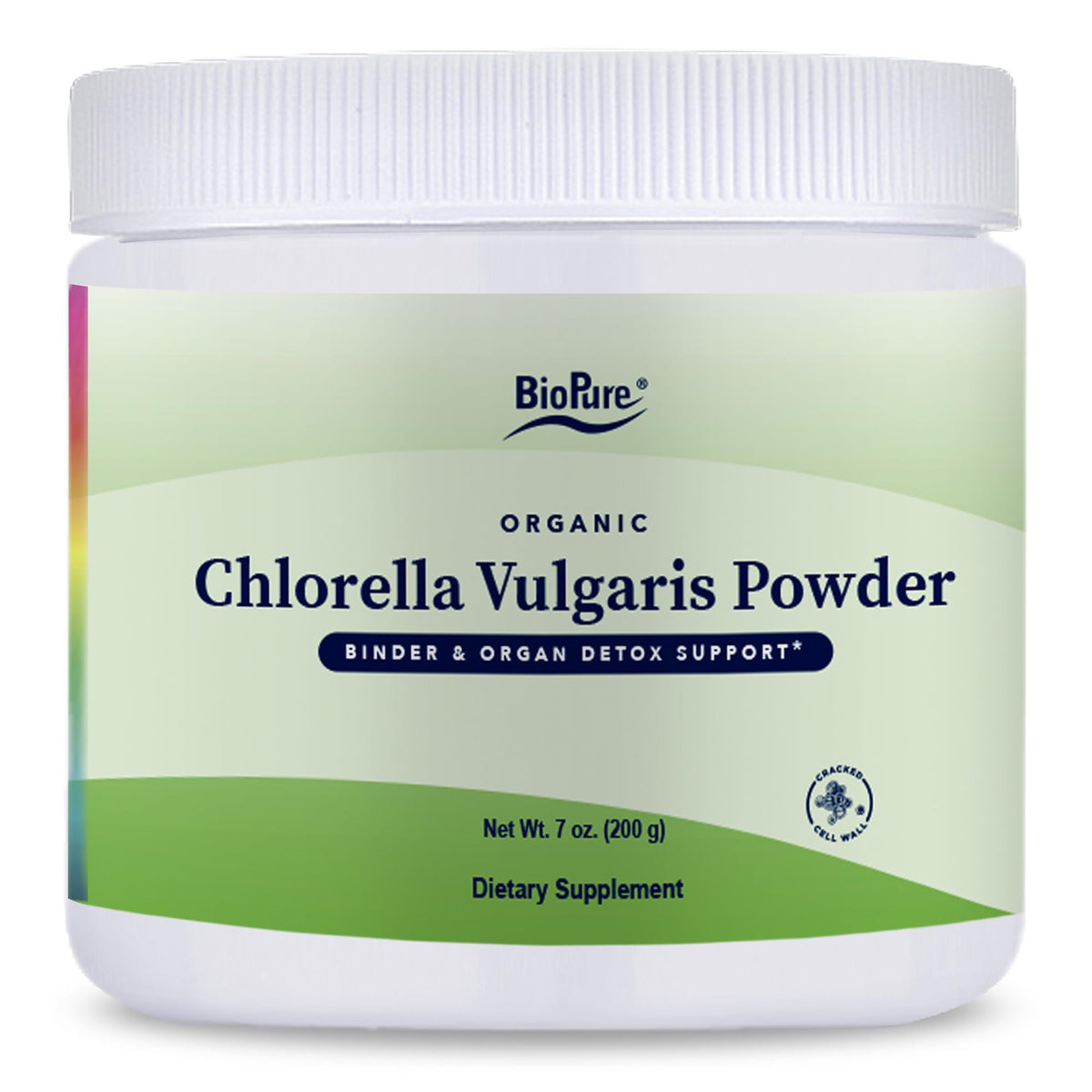 BioPure Chlorella vulgaris powder packaging on a clean surface, signaling organic premium nutrition for daily wellness.