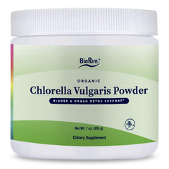 BioPure Chlorella vulgaris powder packaging on a clean surface, signaling organic premium nutrition for daily wellness.