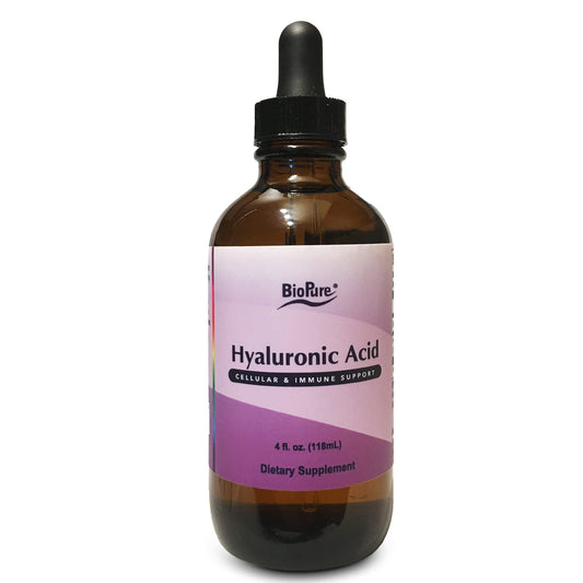 BioPure Hyaluronic Acid Liquid Solution bottle pour illustrates convenient oral use for skin hydration and joint comfort