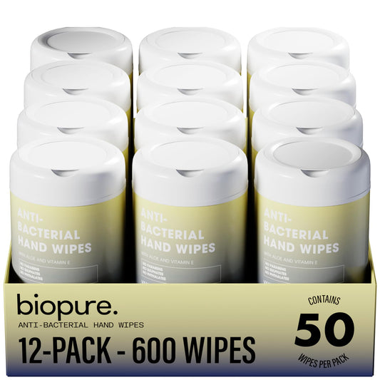 BIOPURE vanilla-scent antibacterial wipes in a 50-count canister for on-the-go cleansing
