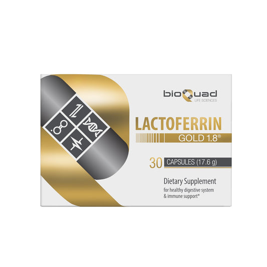 BioQuad Lactoferrin Gold 1.8 bottle for convenient daily immune and digestive support.