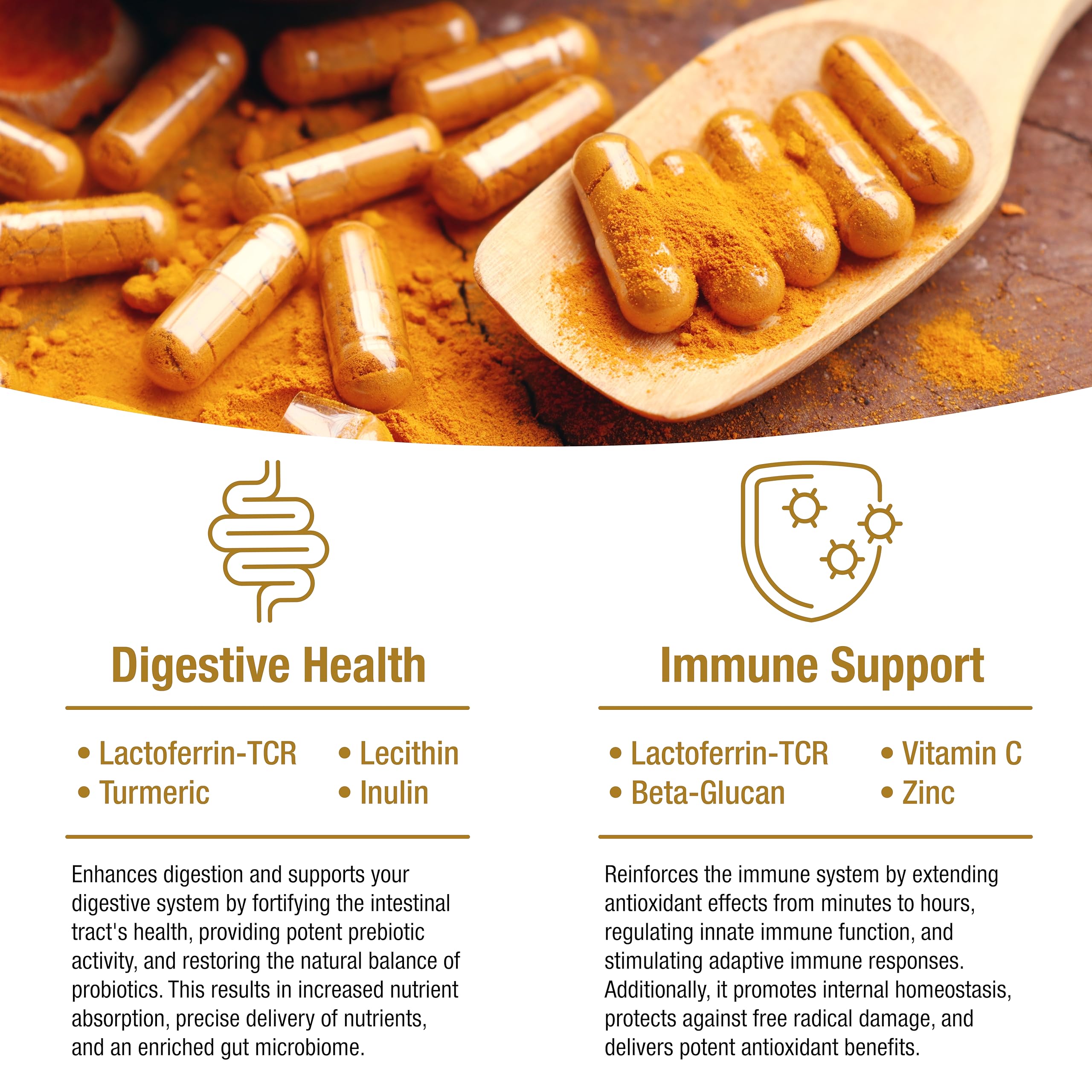 bioQuad Lactoferrin Gold 1.8 capsules-view featuring non-GMO and allergen-free formula.