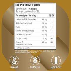 bioQuad Lactoferrin Gold 1.8 label-closeup emphasizing purity and TCR processing.