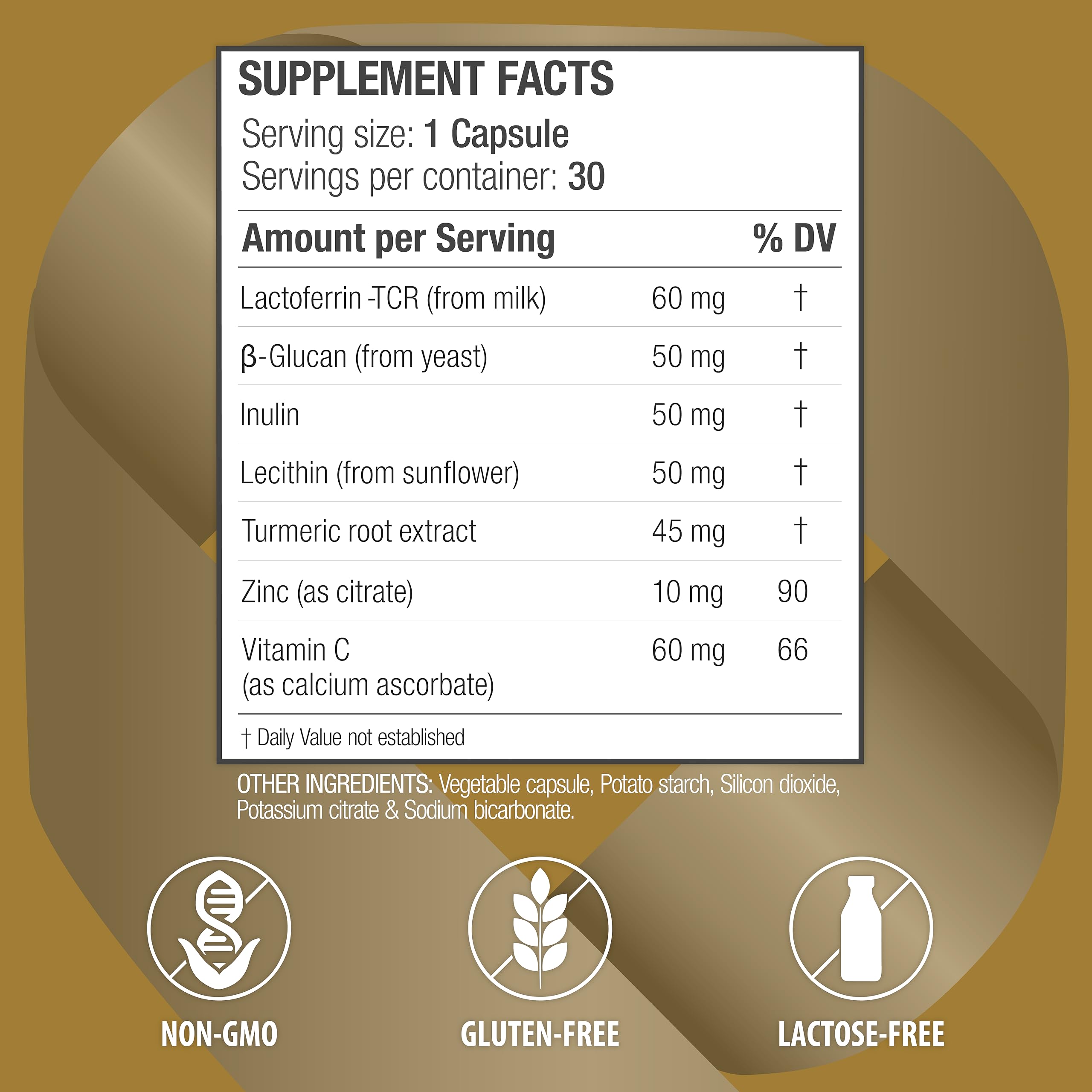 Close-up of BioQuad Lactoferrin Gold label highlighting lactose-free and gluten-free formula.