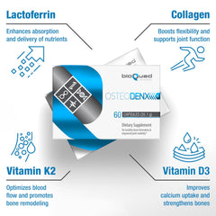 bioQuad OSTEODENX pour from bottle illustrates convenient daily use.