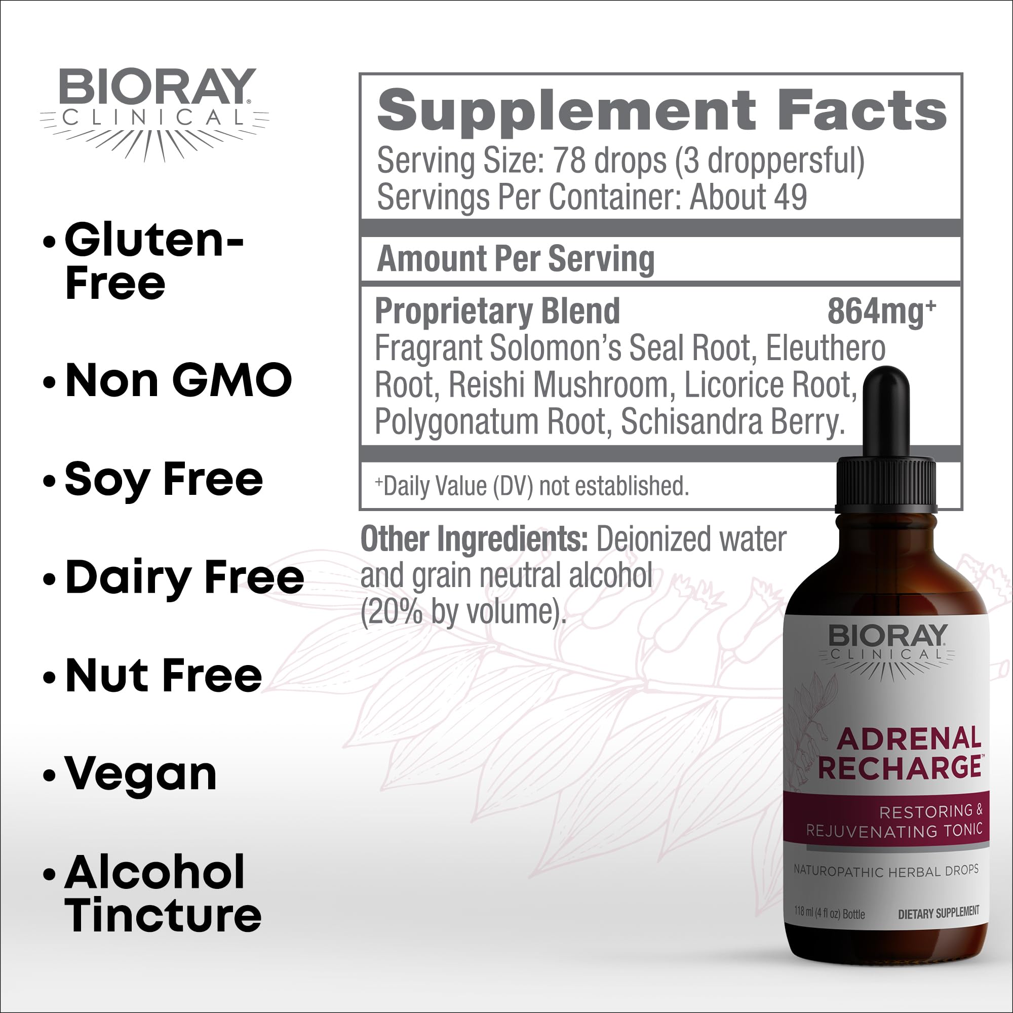 BIORAY Adrenal Recharge drops ready to mix into water for steady energy
