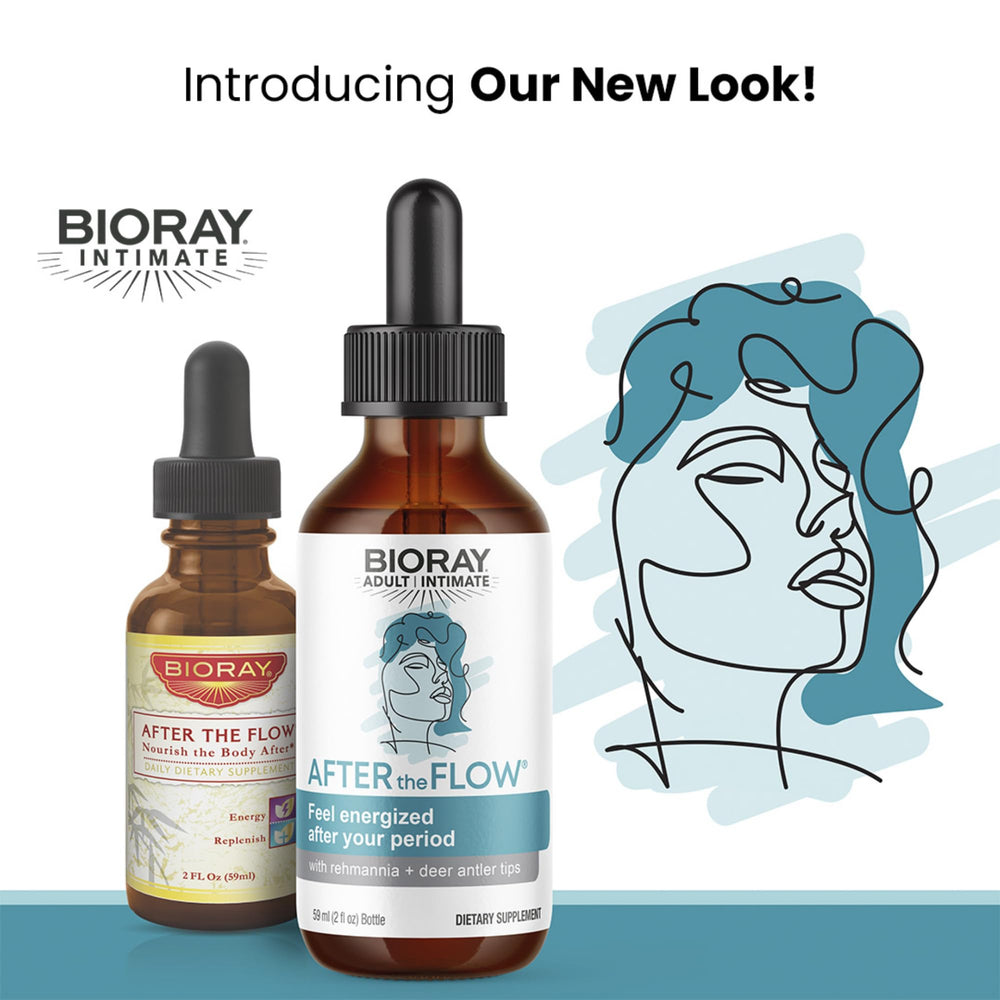 BIORAY After the Flow tincture bottle showing gluten-free, non-GMO formula.
