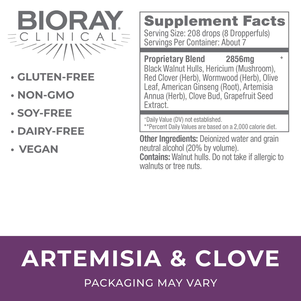 BIORAY Artemisia & Clove dropper closeup shows easy dosing for consistent use.
