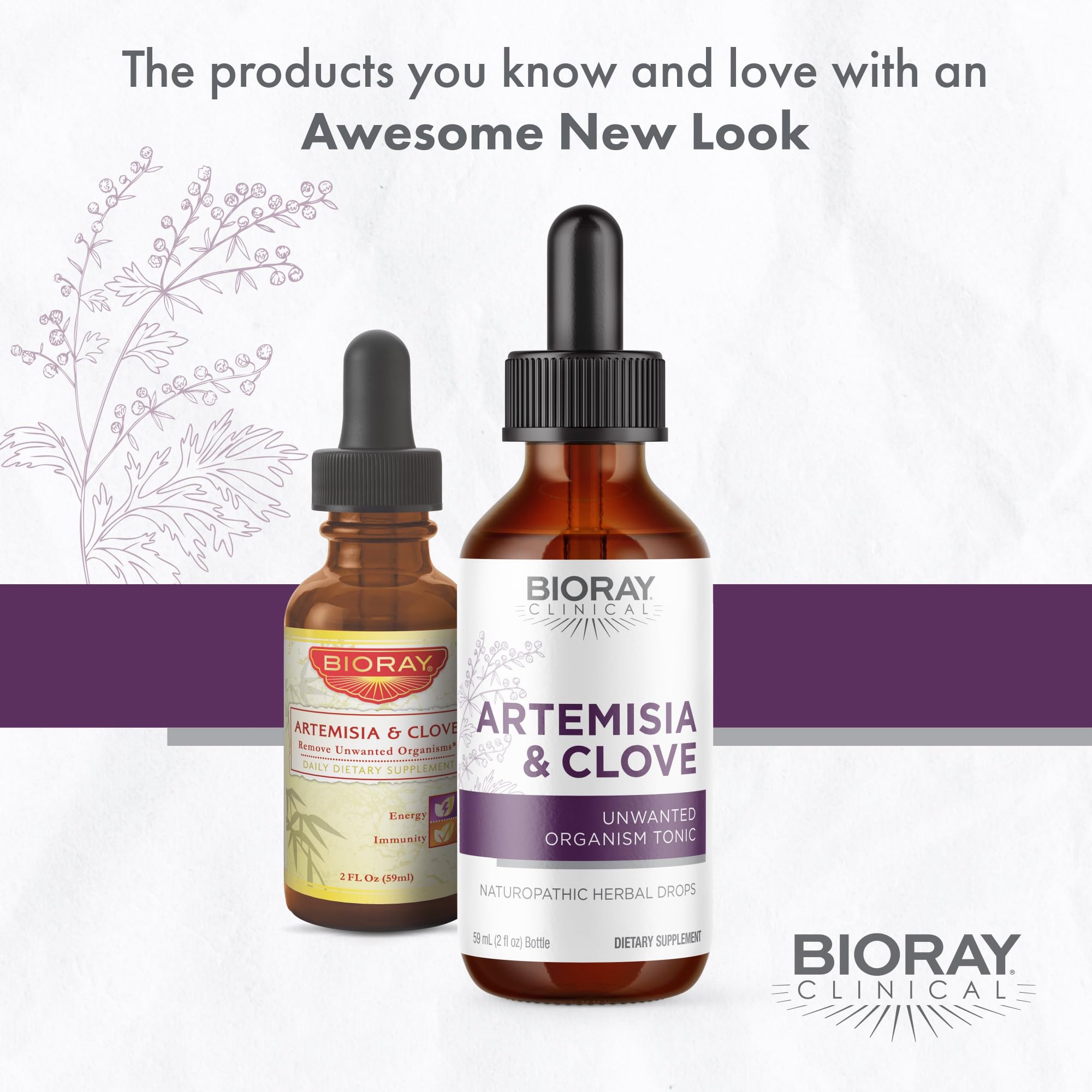 BIORAY Artemisia & Clove ingredients panel highlights natural botanicals.