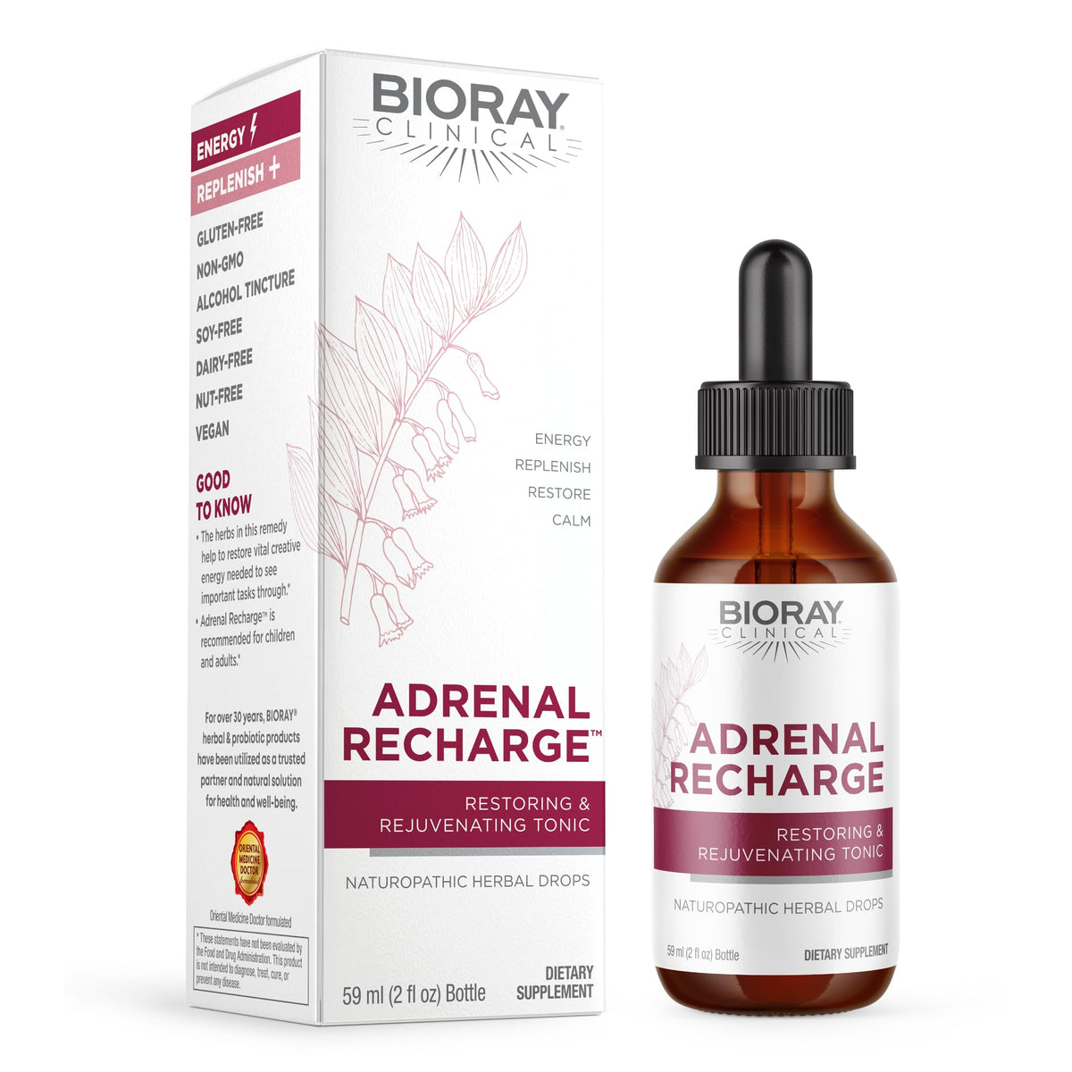 BIORAY Clinical Adrenal Recharge bottle on a kitchen counter for daily energy support.