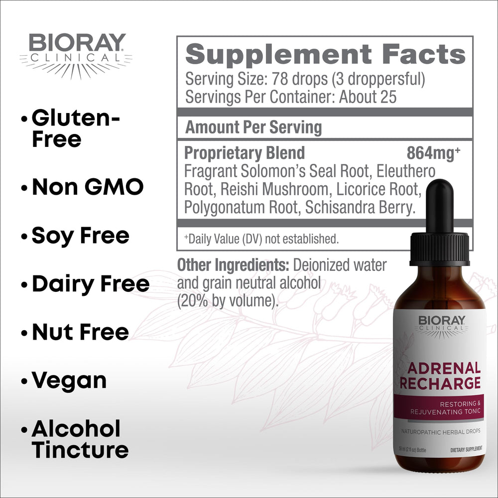 BIORAY Clinical Adrenal Recharge drops ready to mix into water for balanced energy.
