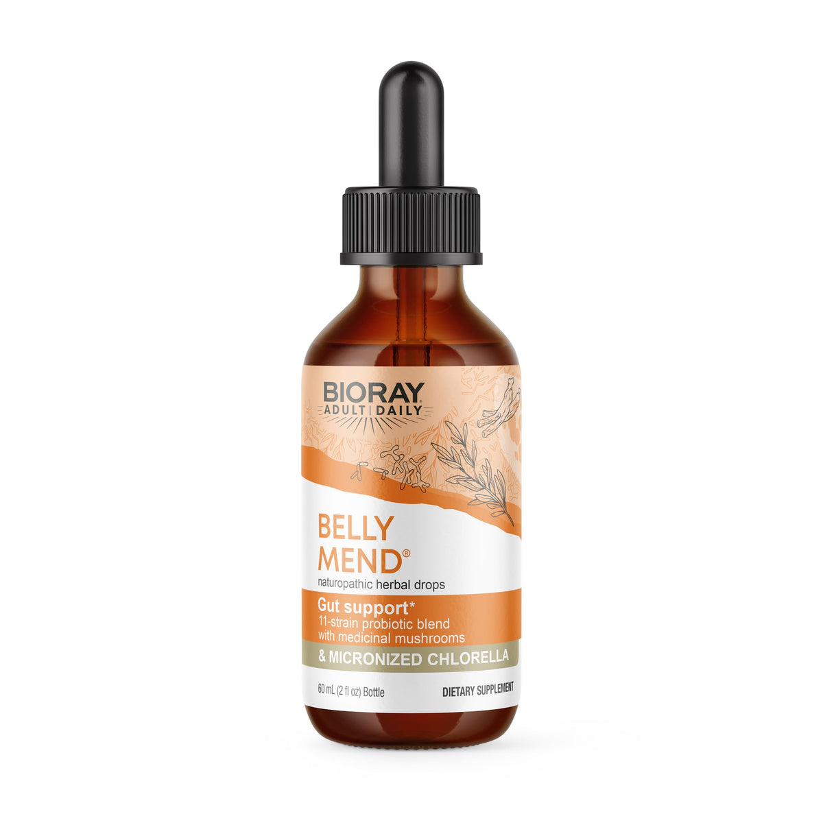 BIORAY Daily Belly Mend bottle showing the 11-strain probiotic formula for gut support.