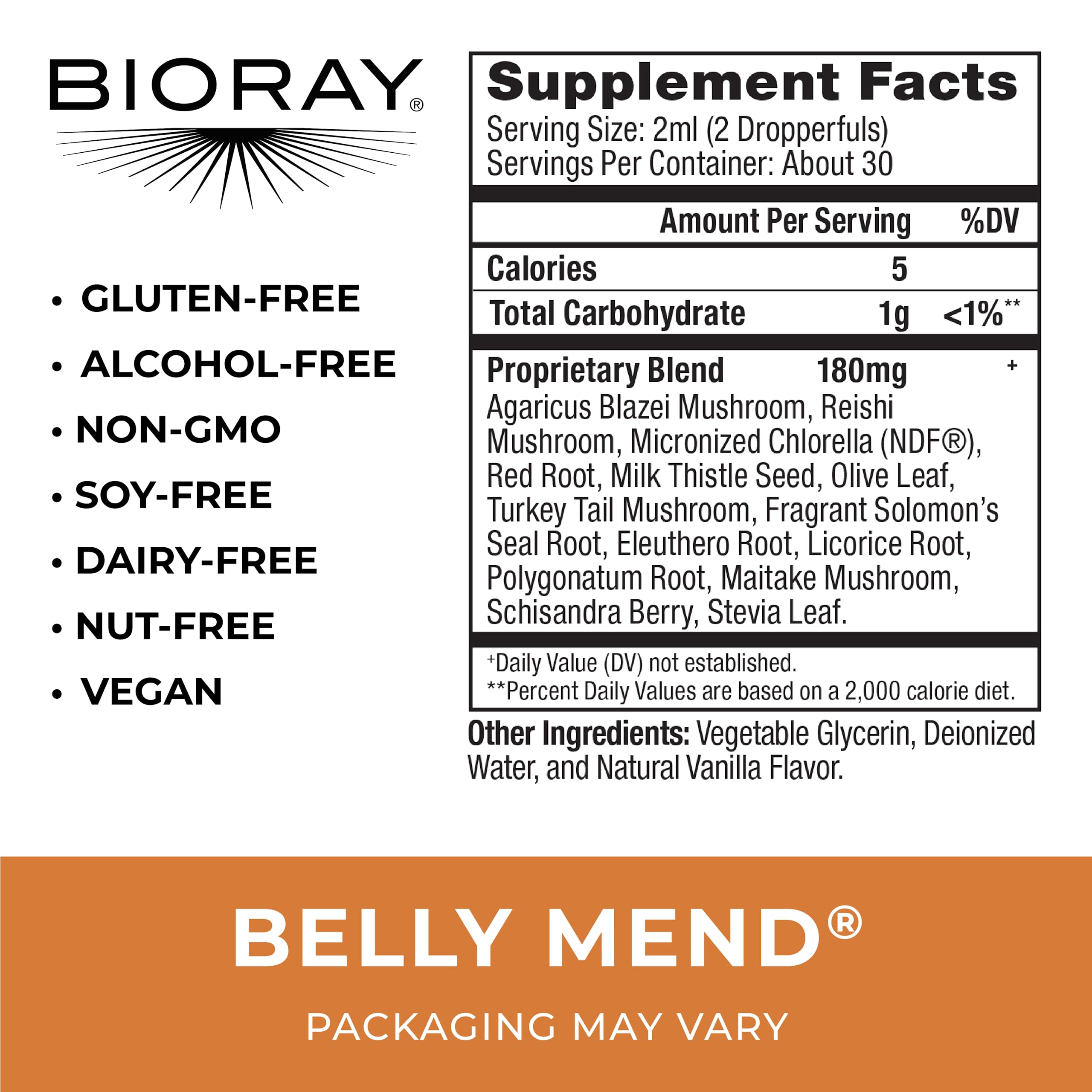 BIORAY Daily Belly Mend label highlighting the 11-strain blend and mushroom support.