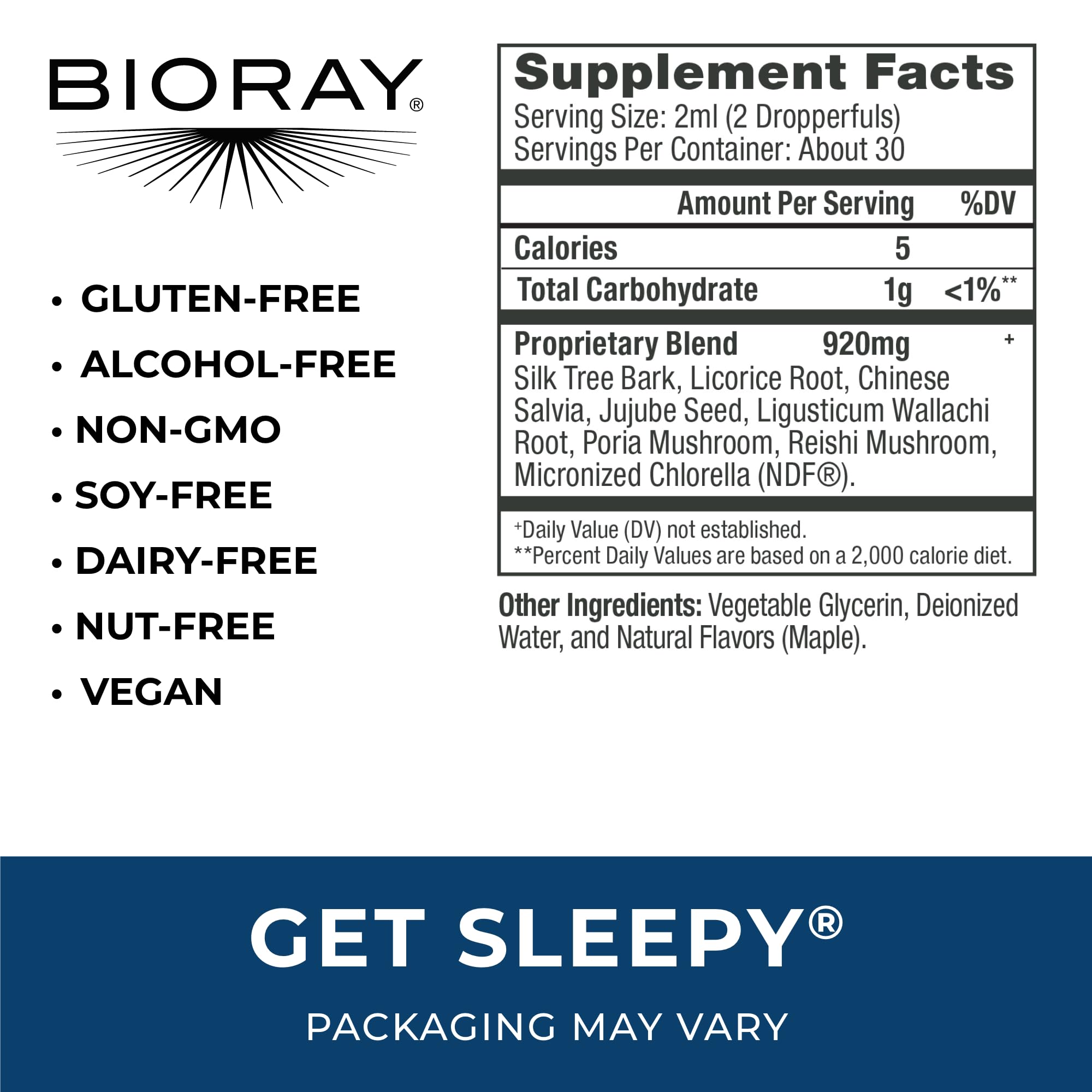 BIORAY Daily Get Sleepy label closeup highlights organic vegan ingredients