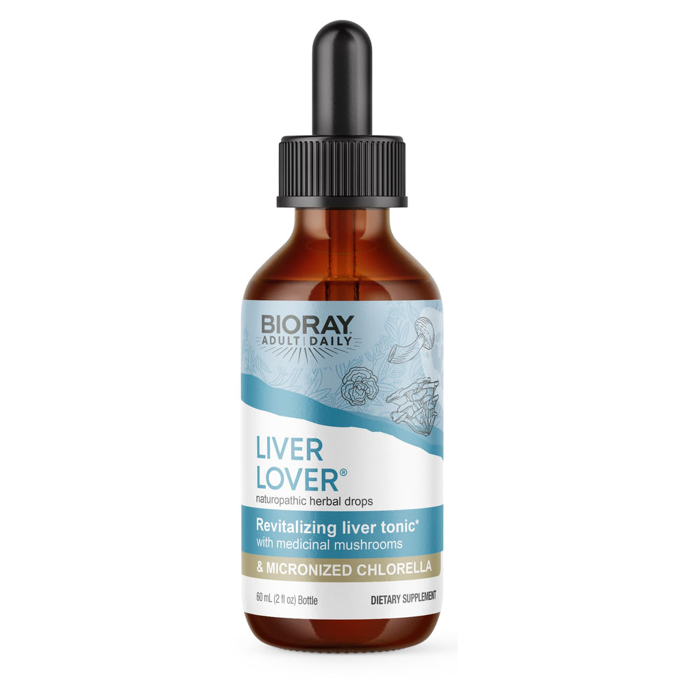 BIORAY Daily Liver Lover bottle on a table supporting liver and adrenal balance.