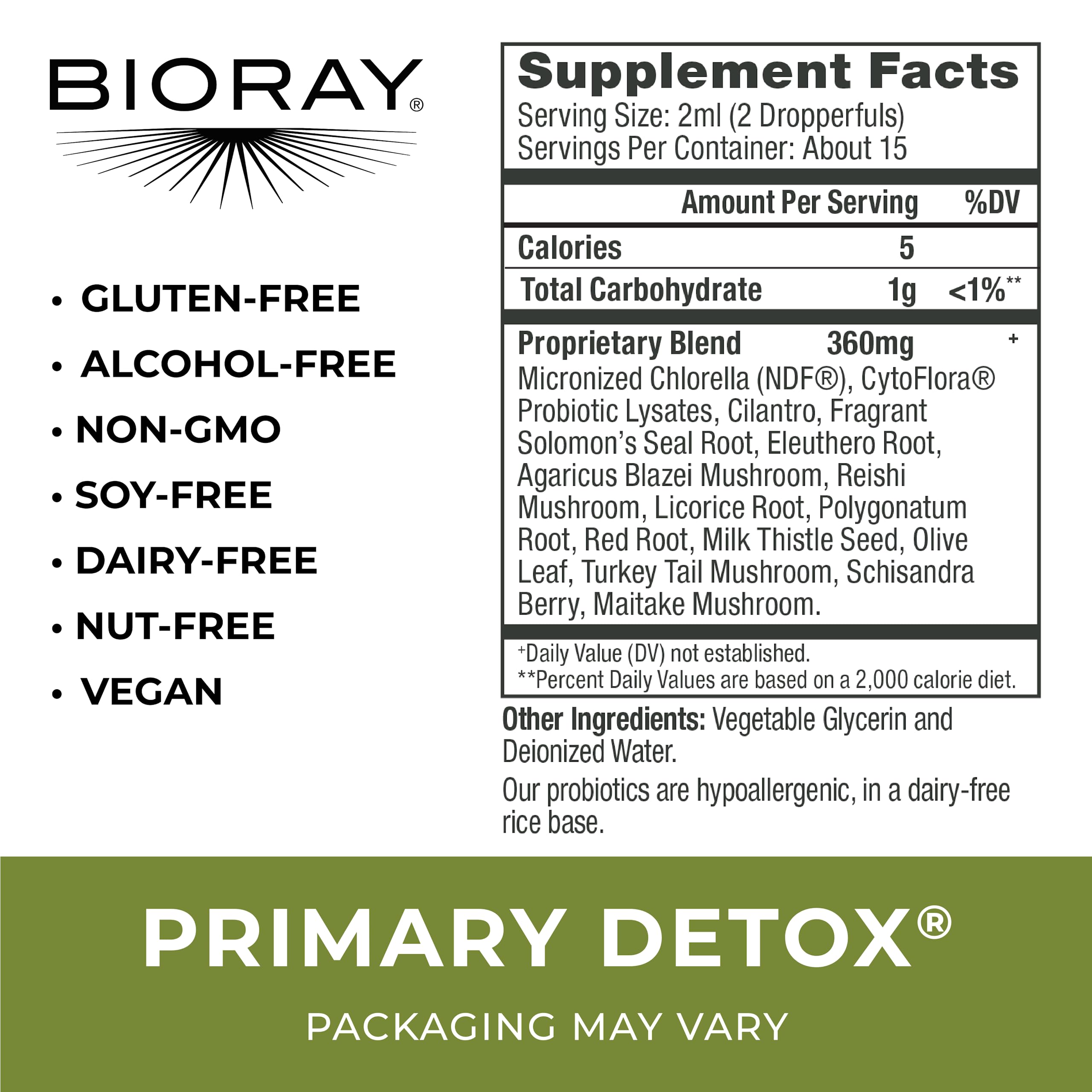 BIORAY Daily Primary Detox label closeup highlighting organic formulation for clean living