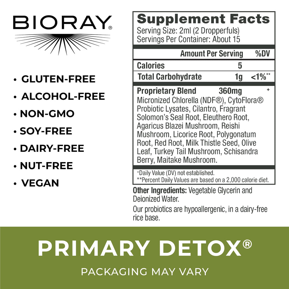BIORAY Daily Primary Detox label closeup highlighting organic formulation for clean living