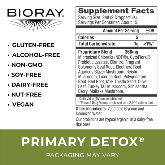 BIORAY Daily Primary Detox label closeup highlighting organic formulation for clean living