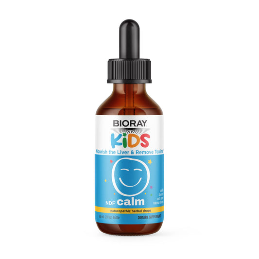 BIORAY Kids NDF Calm bottle close-up showing ingredients and clean, non-GMO formula.