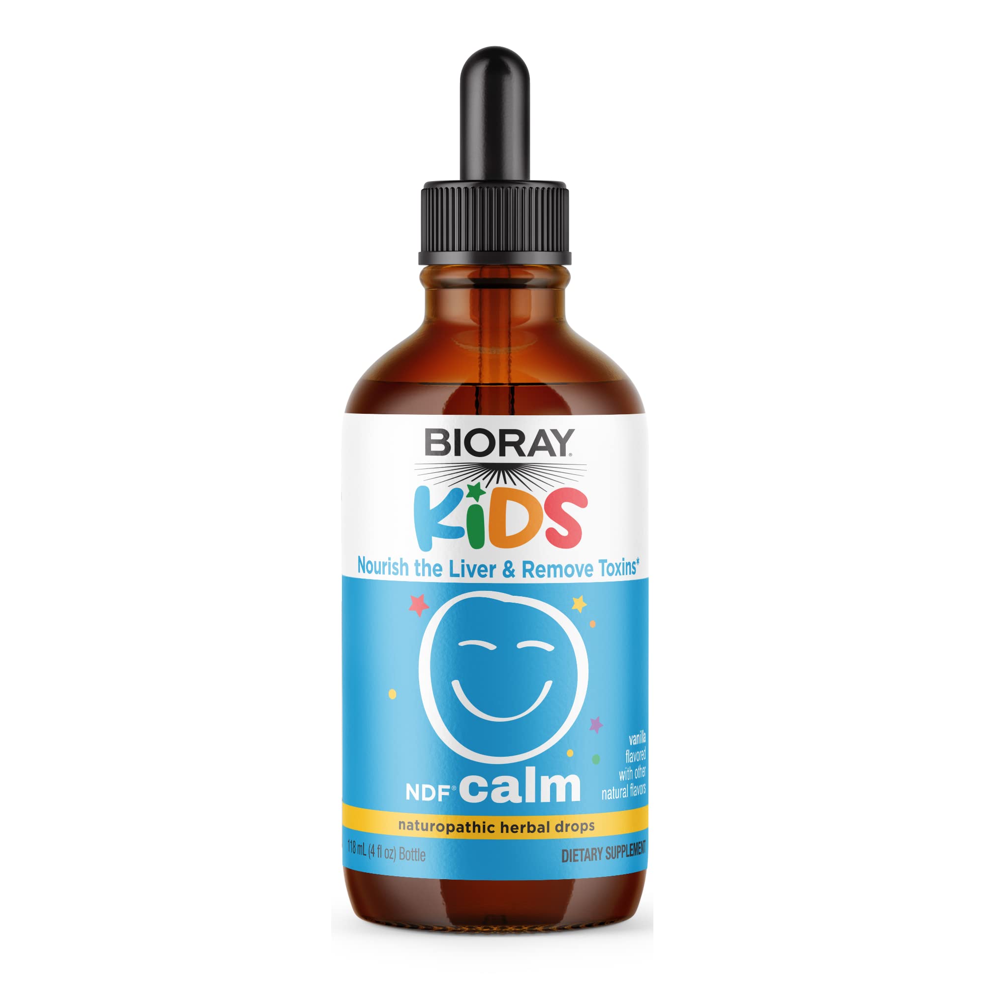 BIORAY Kids NDF Calm bottle showing toxin-binding formula for kids' daily wellness