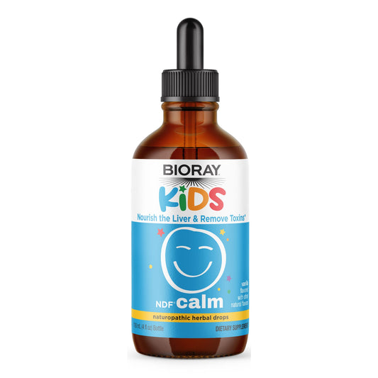 BIORAY Kids NDF Calm bottle showing toxin-binding formula for kids' daily wellness
