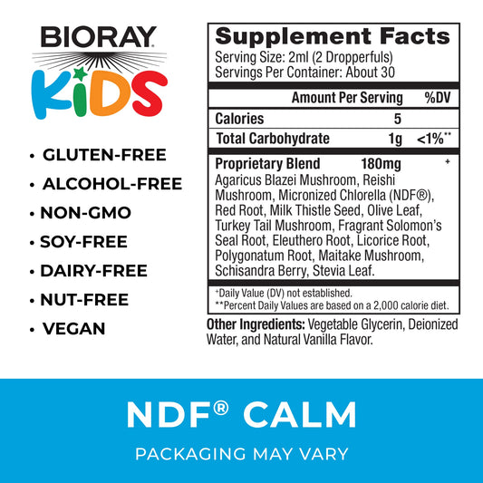 BIORAY Kids NDF Calm dropper dispensing dosage for gentle toxin-binding support.