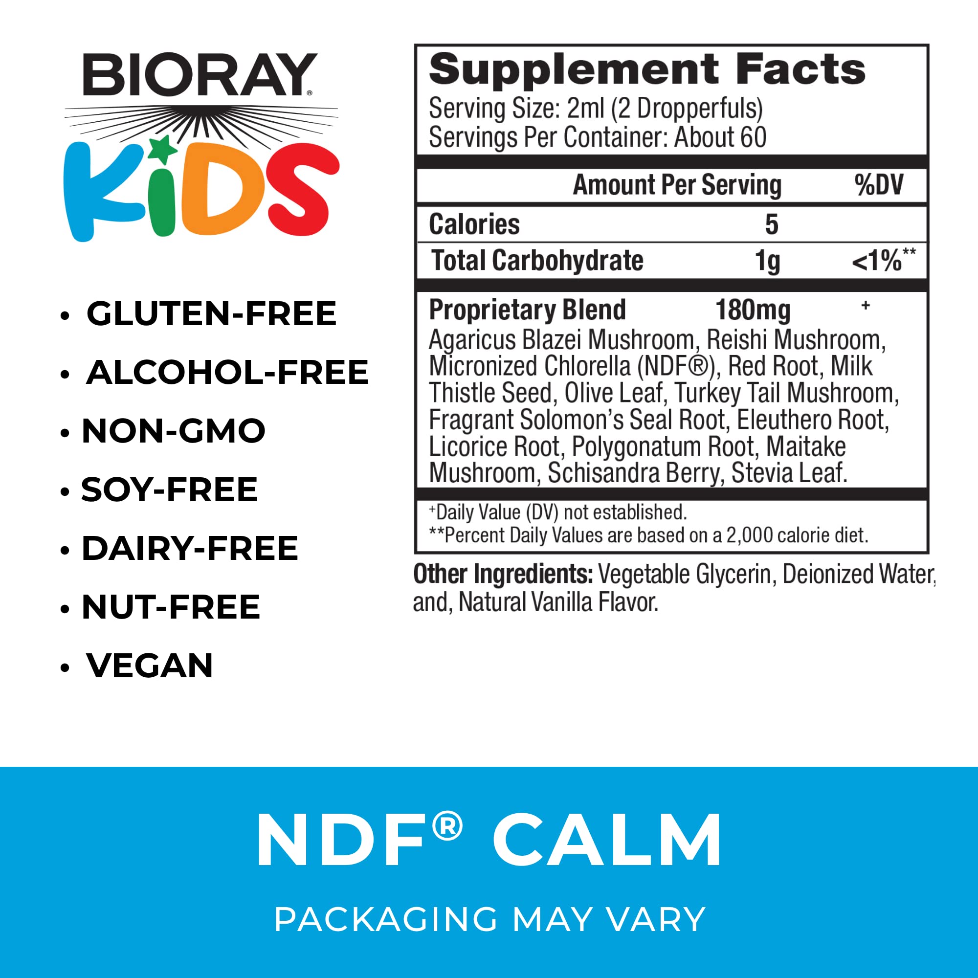 BIORAY Kids NDF Calm label highlighting vegan, non-GMO, gluten-free attributes