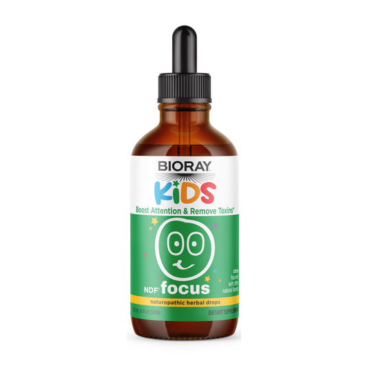 BIORAY Kids NDF Focus Citrus bottle shown for focused energy during homework.