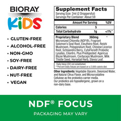 BIORAY Kids NDF Focus Citrus label highlighting non-GMO and vegetarian features.