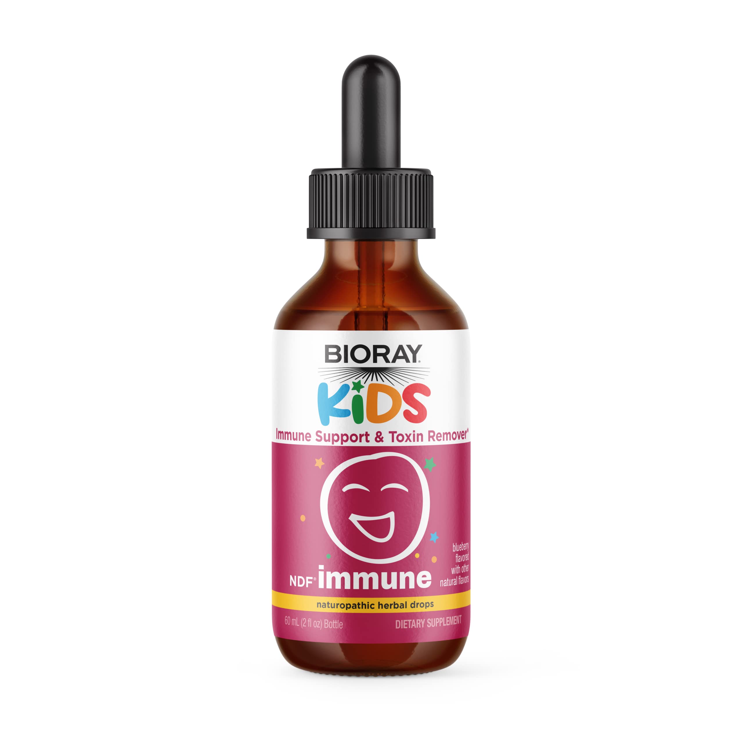 BIORAY Kids NDF Immune Blueberry bottle pour supports convenient daily immune care for kids.