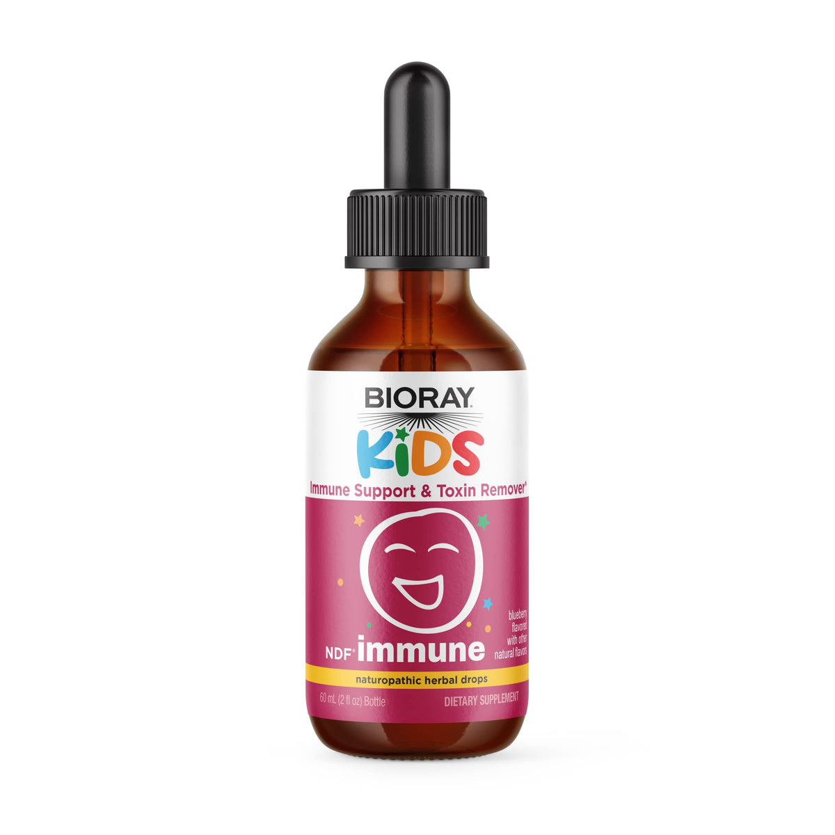 BIORAY Kids NDF Immune Blueberry bottle pour supports convenient daily immune care for kids.