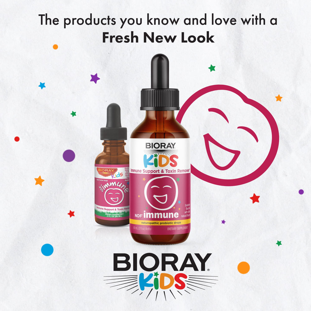 BIORAY Kids NDF Immune Blueberry label closeup shows vegan, gluten-free reassurance.
