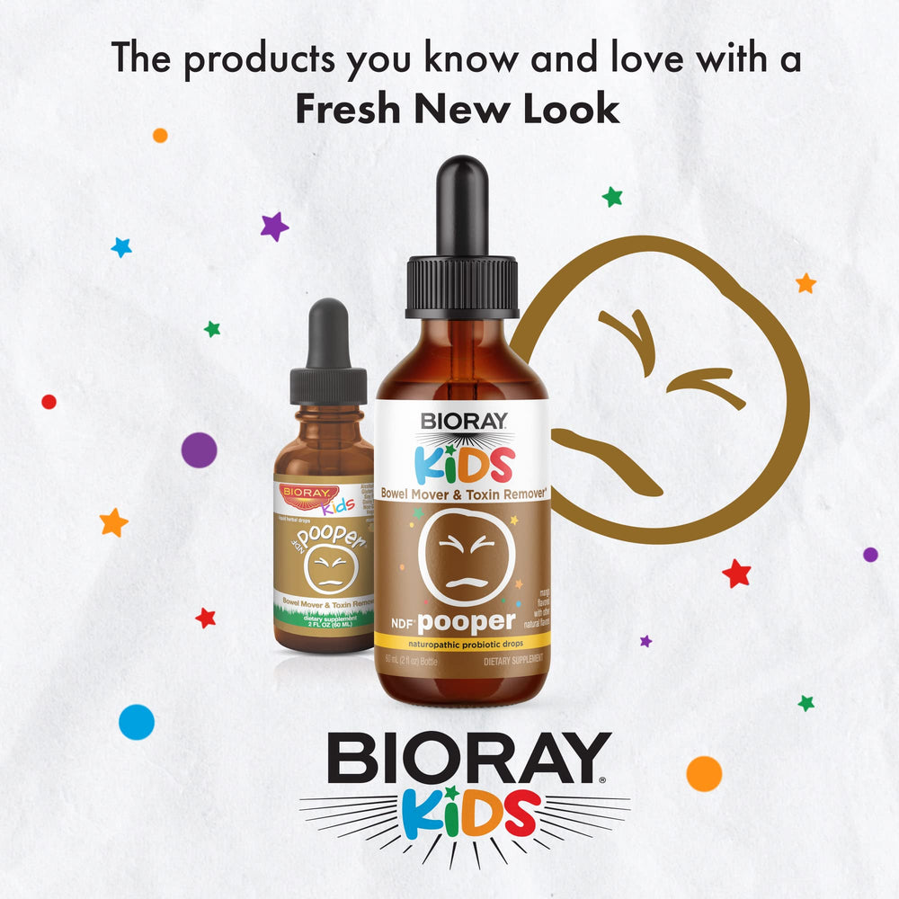 BIORAY Kids NDF Pooper ingredients highlight probiotics and botanicals.