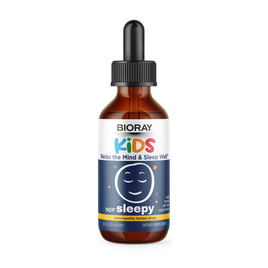 BIORAY Kids NDF Sleepy bottle pour showcases calm, soothing ingredients for a restful night.