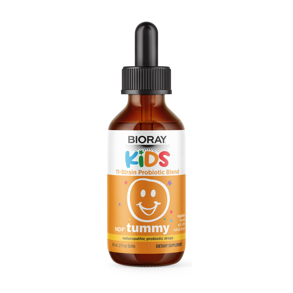 BIORAY Kids NDF Tummy Raspberry bottle with raspberry flavor supports gut balance and daily wellness.