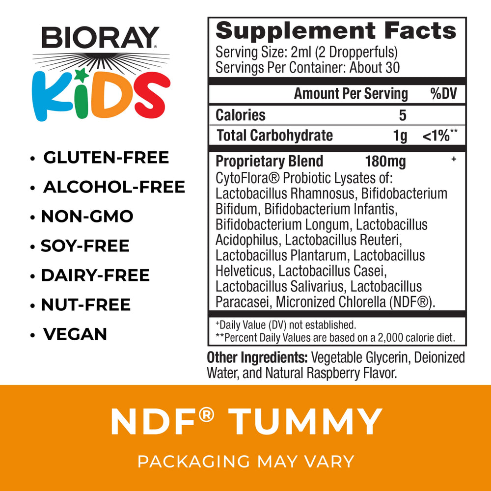 BIORAY Kids NDF Tummy label close-up showing ingredients for informed use.