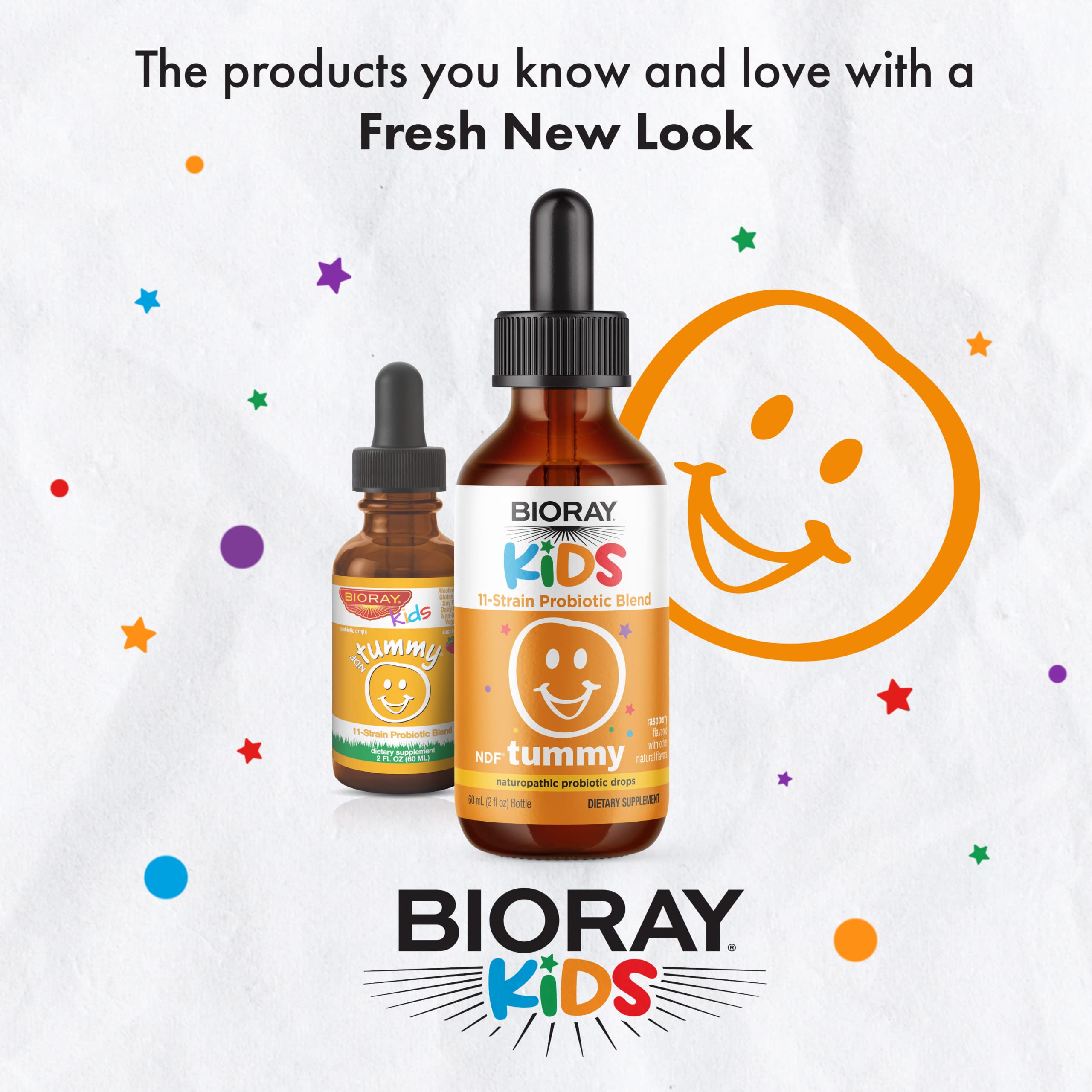 BIORAY Kids NDF Tummy probiotic blend illustration showing synergistic support for daily digestive comfort.